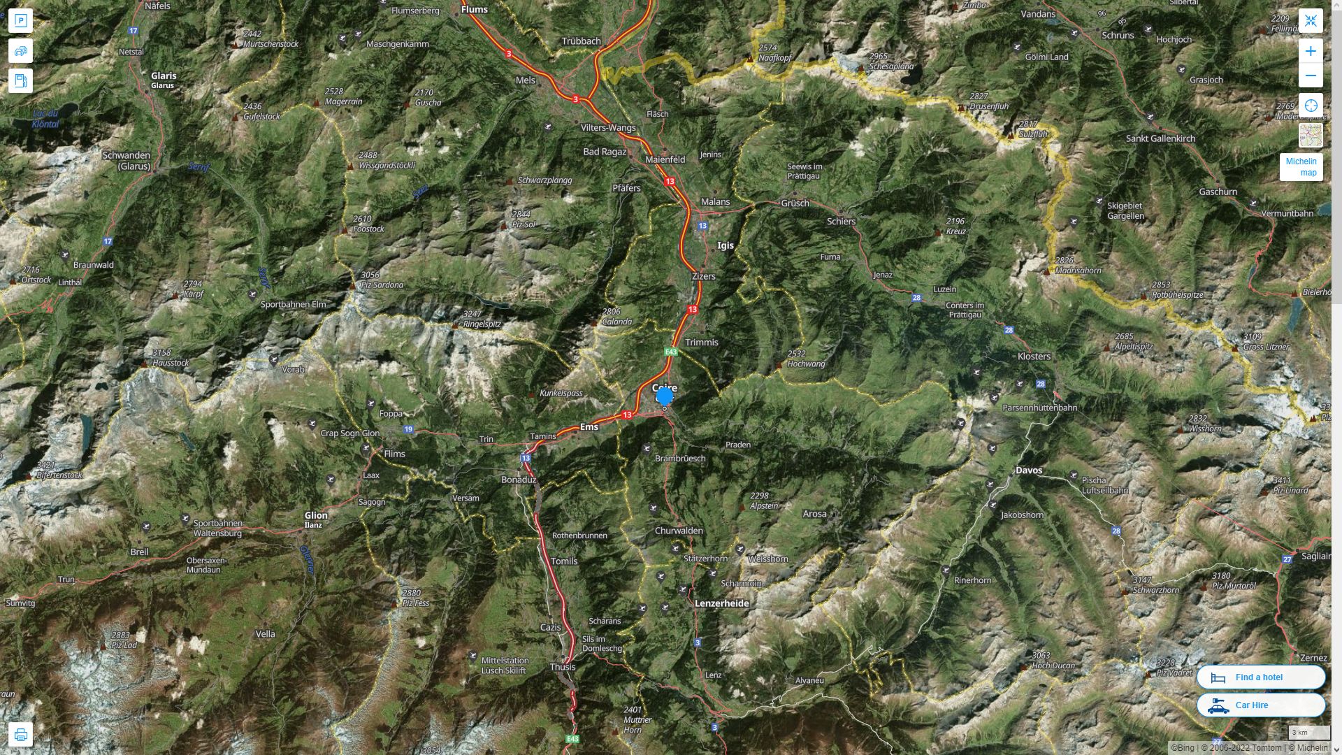 Chur Suisse Autoroute et carte routiere avec vue satellite